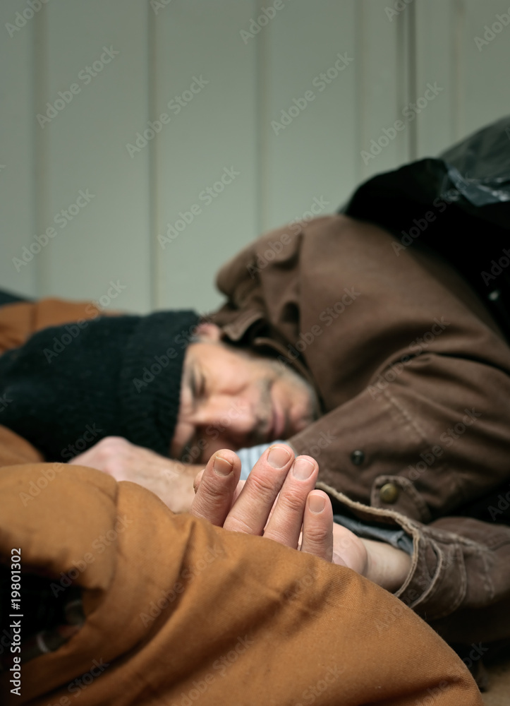 Closeup of Homeless Man Sleeping