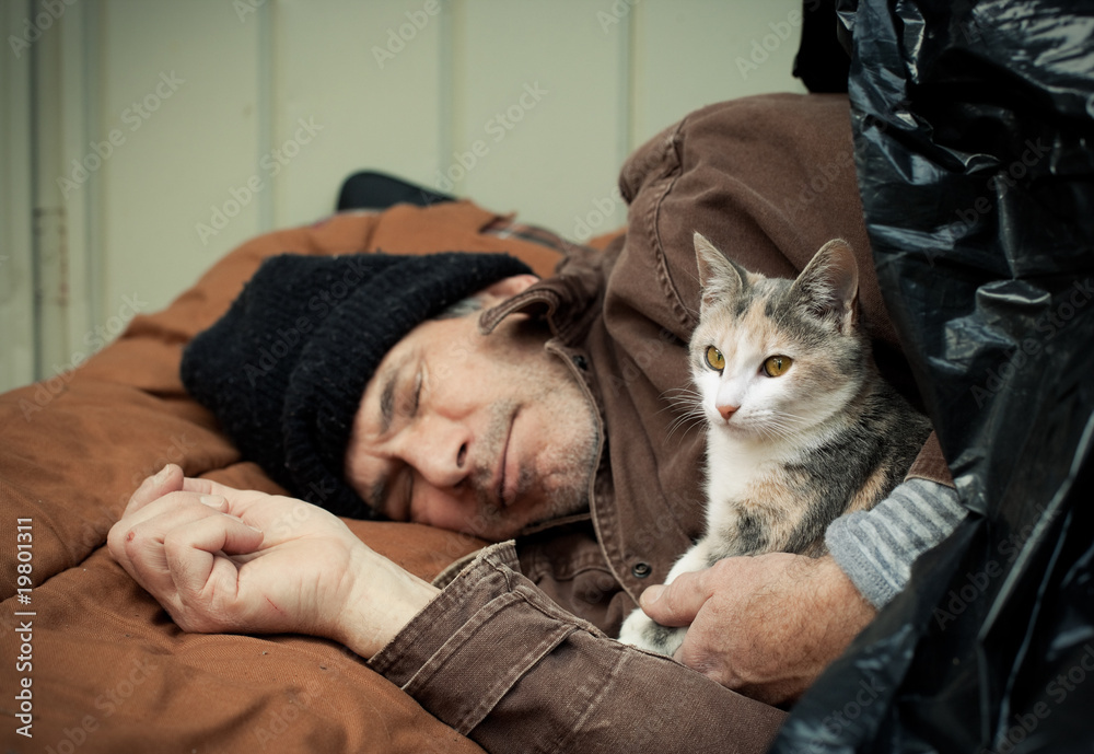 Homeless Man and Friendly Stray Kitten