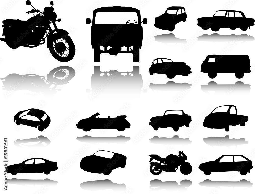 Silhouettes of cars, motorcycles and buses Silhouettes of cars, motorcycles and buses
