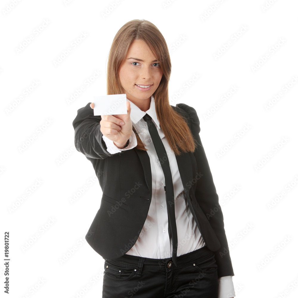 Beautiful young business woman with blank business card