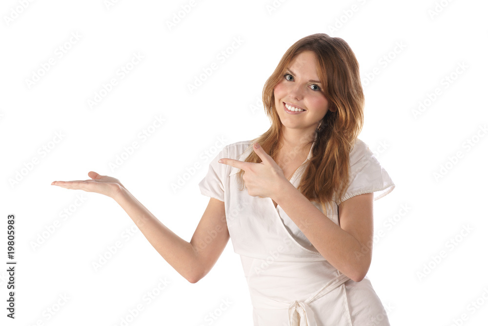 Presenting thing. Beautiful young woman (isolated) Presenting thing. Beautiful young woman (isolated)