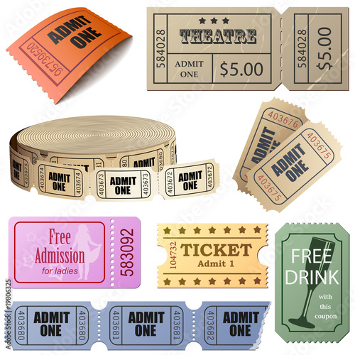 Vector set of tickets and coupons isolated on white.