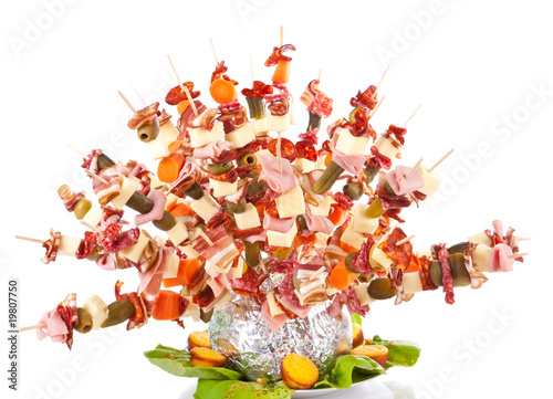 food decoration - sausages, bacon, olives and cheese