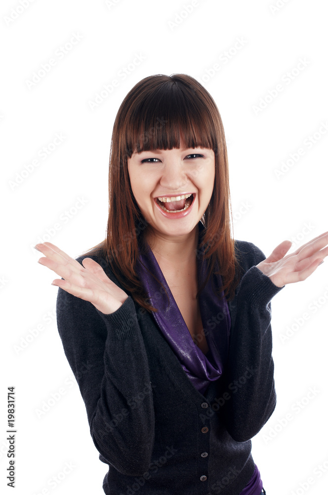 The cheerful charming brunette female in dark blue sweater The cheerful charming brunette female in dark blue sweater