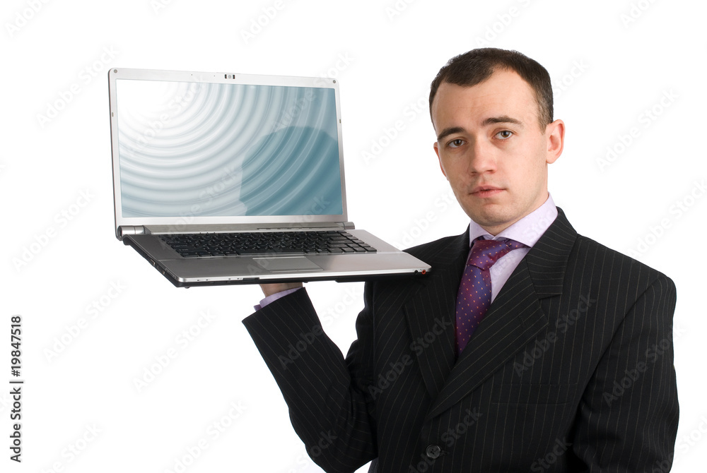 Business man holding a laptop computer Business man holding a laptop computer