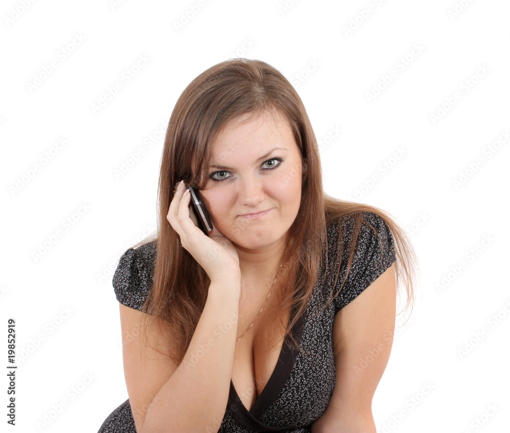 woman speaks on  phone,isolated.
