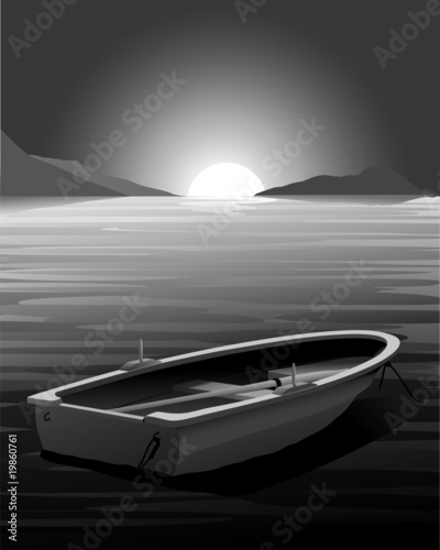 Vector Rowing Boat at Sunset - Dark Scene.