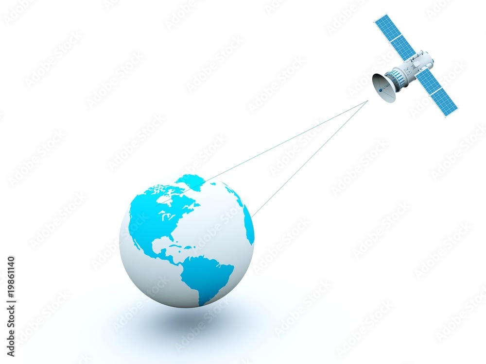 Earth with blue satellite isolated on white