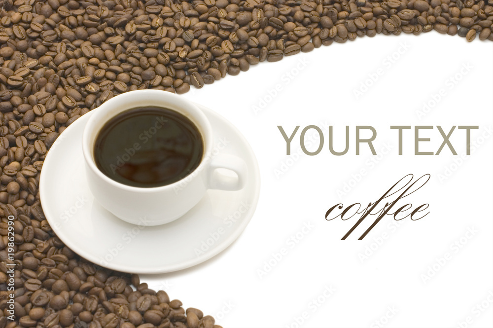 Naklejka premium Coffee cup and grain on white background
