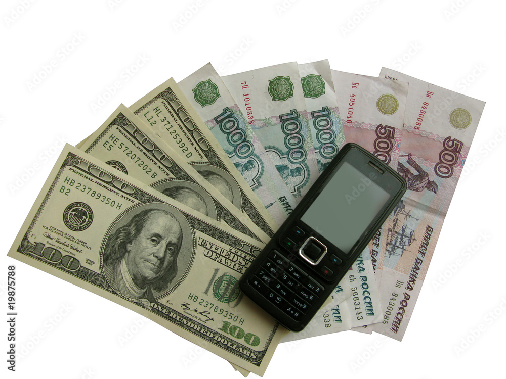 Isolated phone on money, on white background Isolated phone on money, on white background