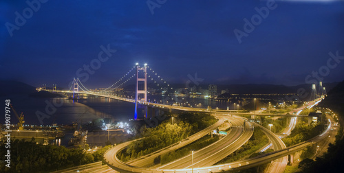 A magical evening of Hong Kong Tsing Ma Bridge .