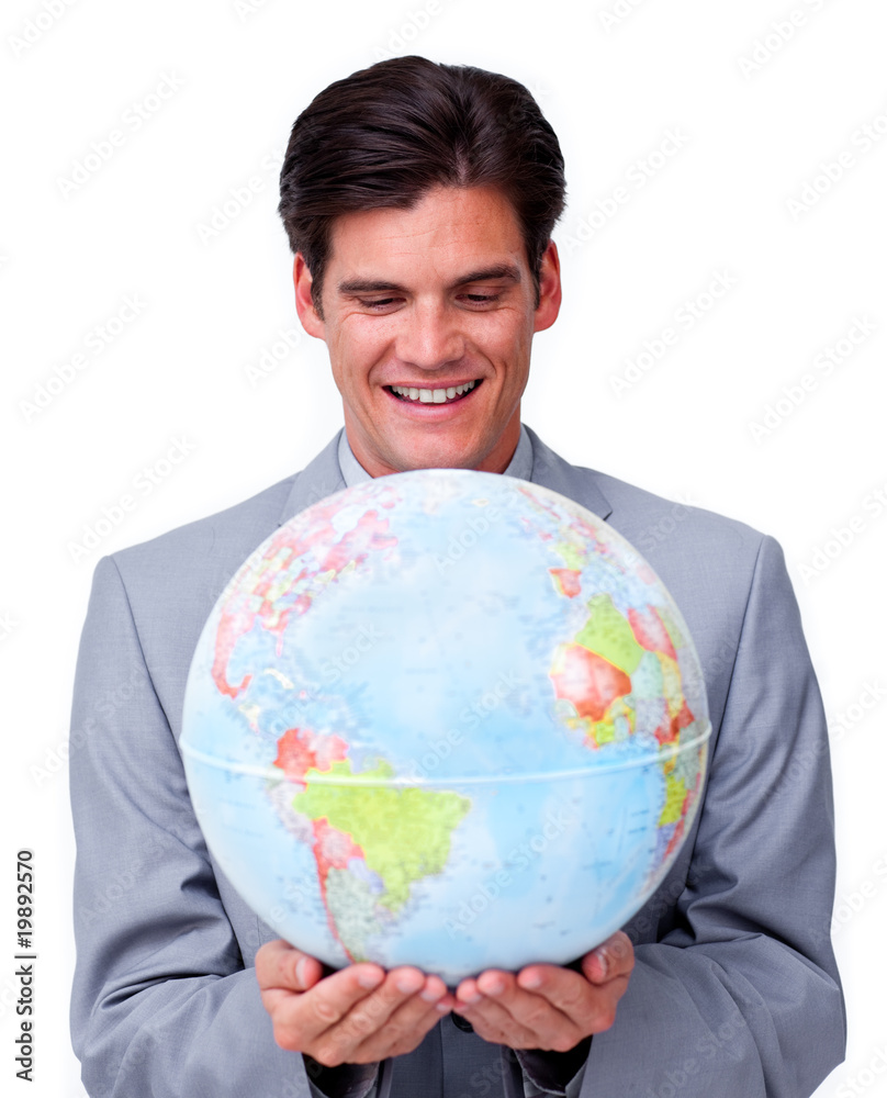 Confident businessman smiling at global business expansion Confident businessman smiling at global business expansion