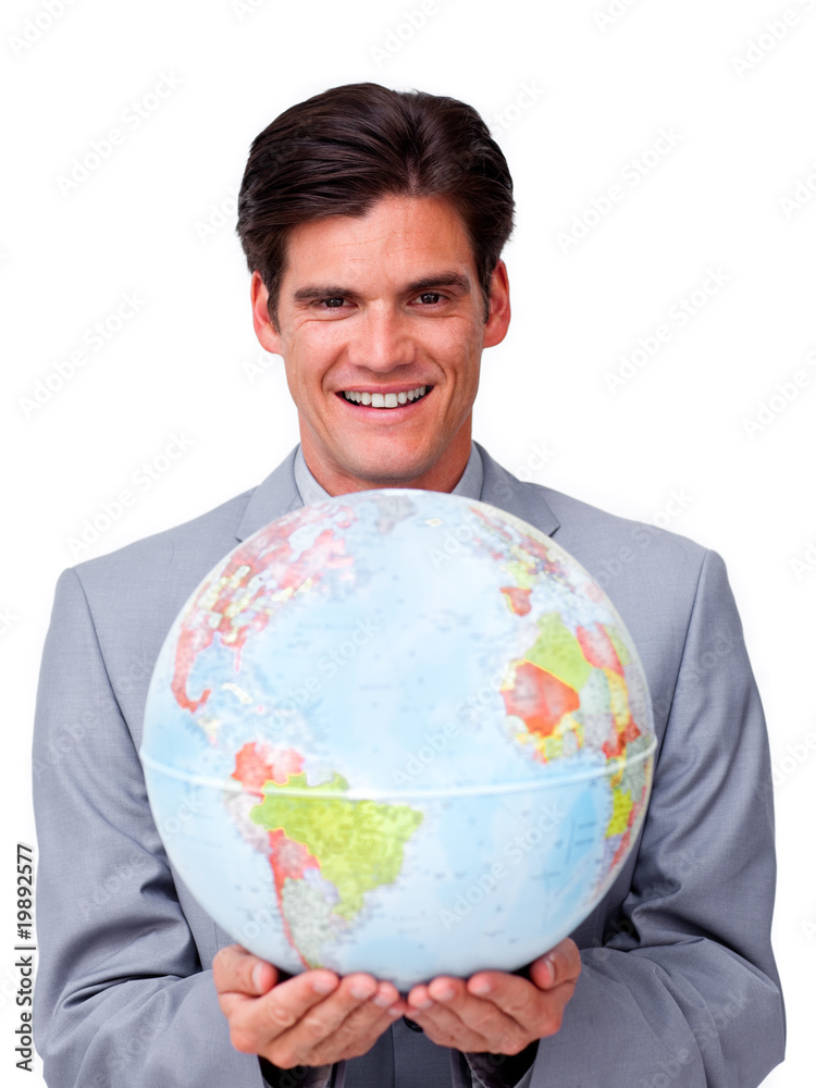 Self-assured businessman holding a terrestrial globe Self-assured businessman holding a terrestrial globe