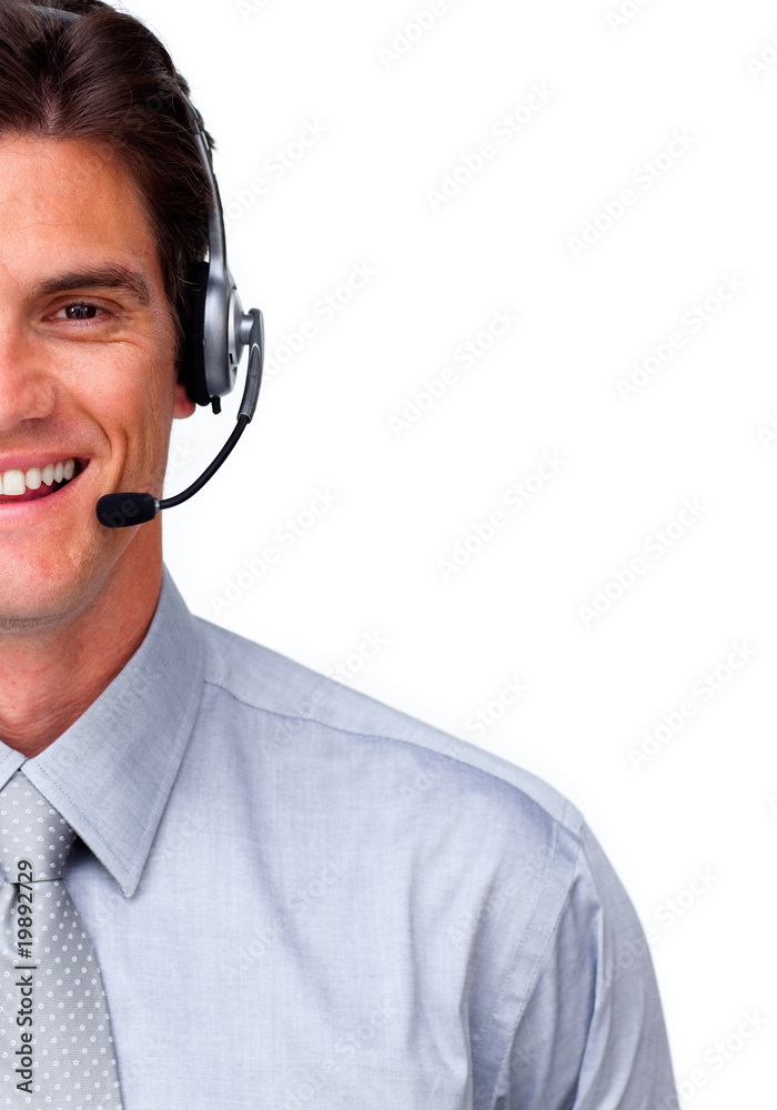 Smiling customer service representative with headset on