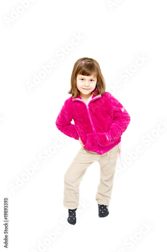 little girl wearing pink jacket isolated on white
