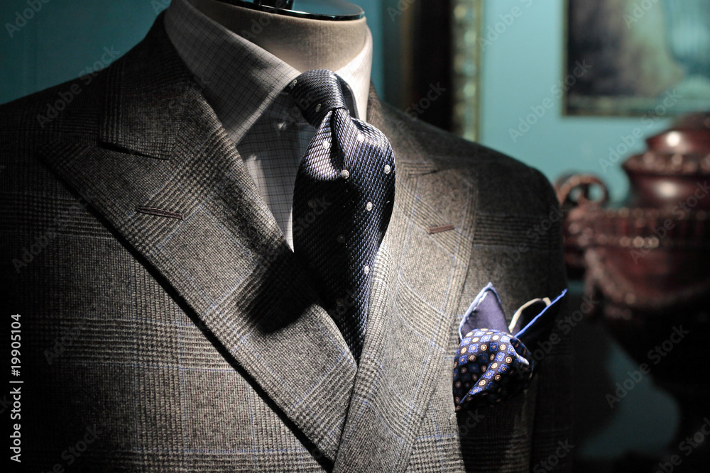 Grey checkered jacket, dark blue tie and handkerchief (vertical) - obrazy, fototapety, plakaty 