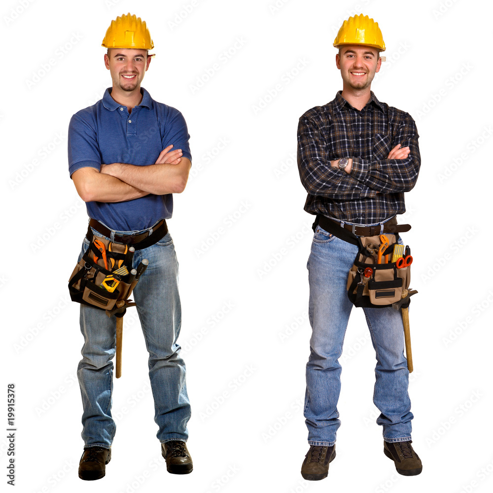 Isolated standing young worker on white background. Double versi