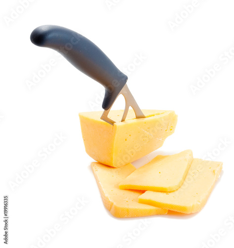 Cheese and knife isolated on white