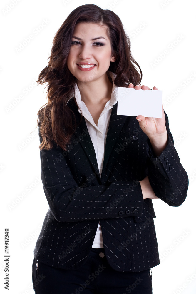 young business woman with business card young business woman with business card