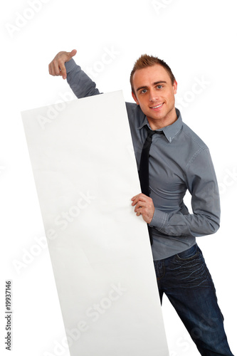 businessman pointing at banner photo