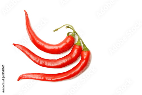 Three red chilli peppers isolated on white background