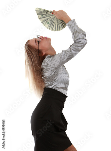 Girl with a fan of dollar bills