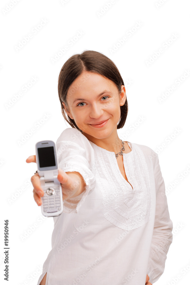 Beautiful young woman displaying a cellphone Beautiful young woman displaying a cellphone