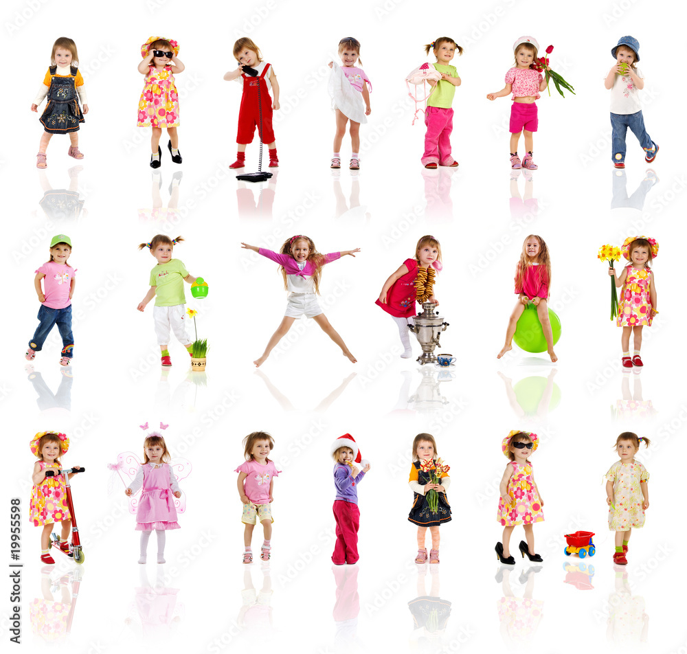 Collection photos of cute little girl on white Collection photos of cute little girl on white