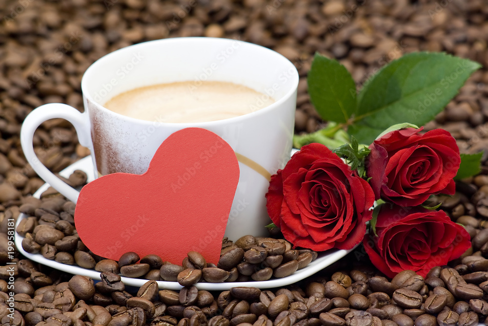 Obraz premium cup of coffee, red roses and heart