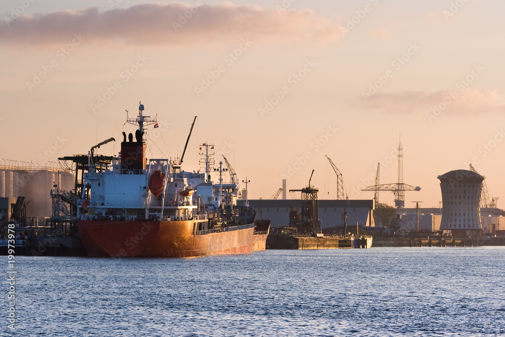 Ships on the river at colorful sunrise in october