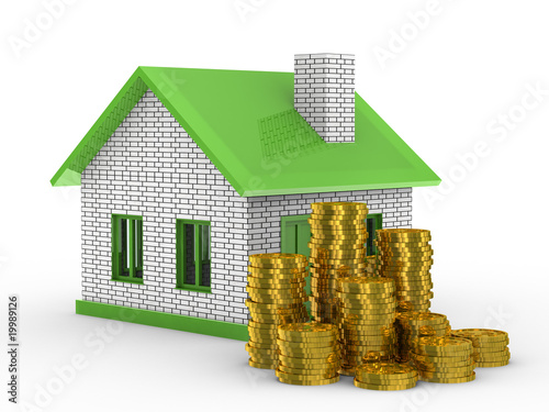 Small house and cash on white background. Isolated 3D image
