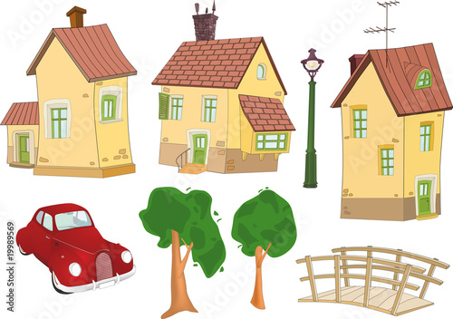 Set of small houses, trees the car and the bridge