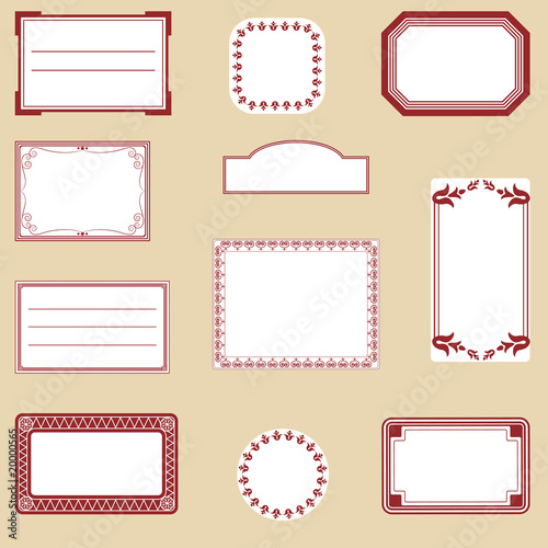 A set of different labels in red and white