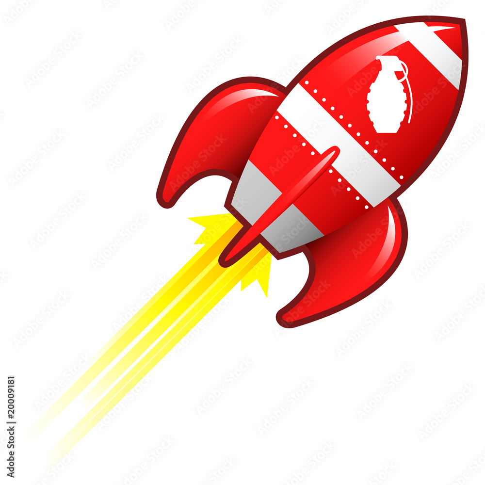Foto Hand grenade icon on on red retro rocket ship