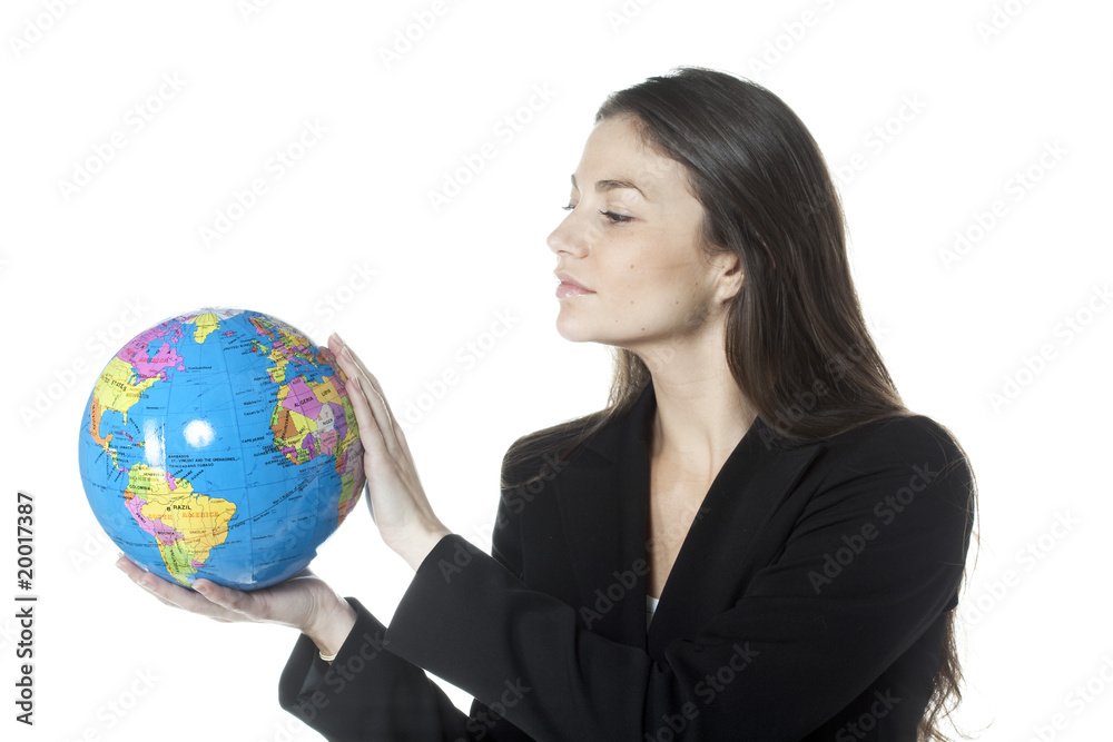 jeune femme d'affaires portant mapemmonde jeune femme d'affaires portant mapemmonde