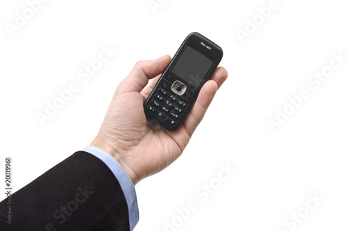 male hand with cell phone on white background