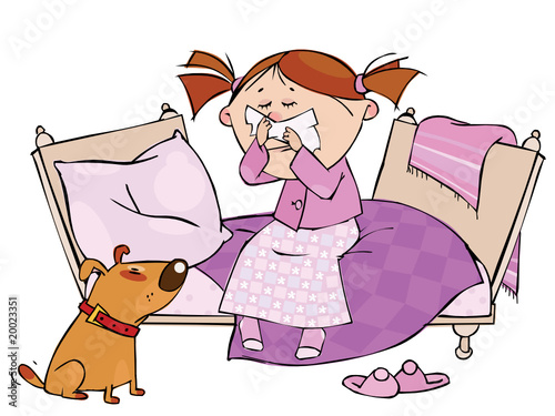 Little girl sneezing in the handkerchief