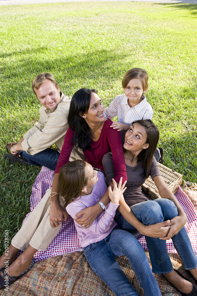 Family of five having picnic in park Family of five having picnic in park