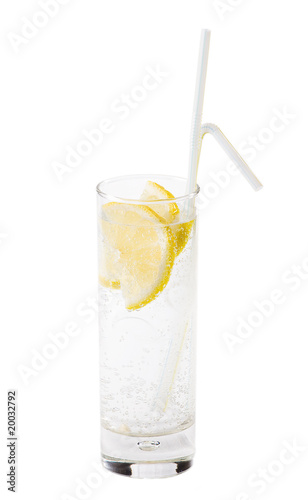 A cocktail with an lemon on a white background