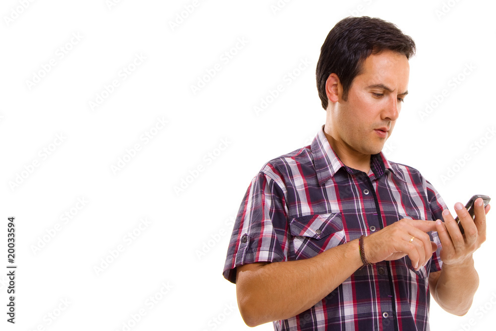 Young casual using the phone, isolated on white background