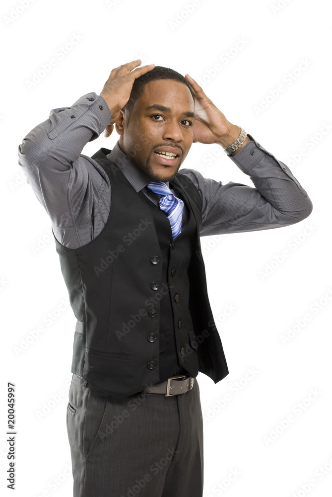 African american business man with hands on head African american business man with hands on head