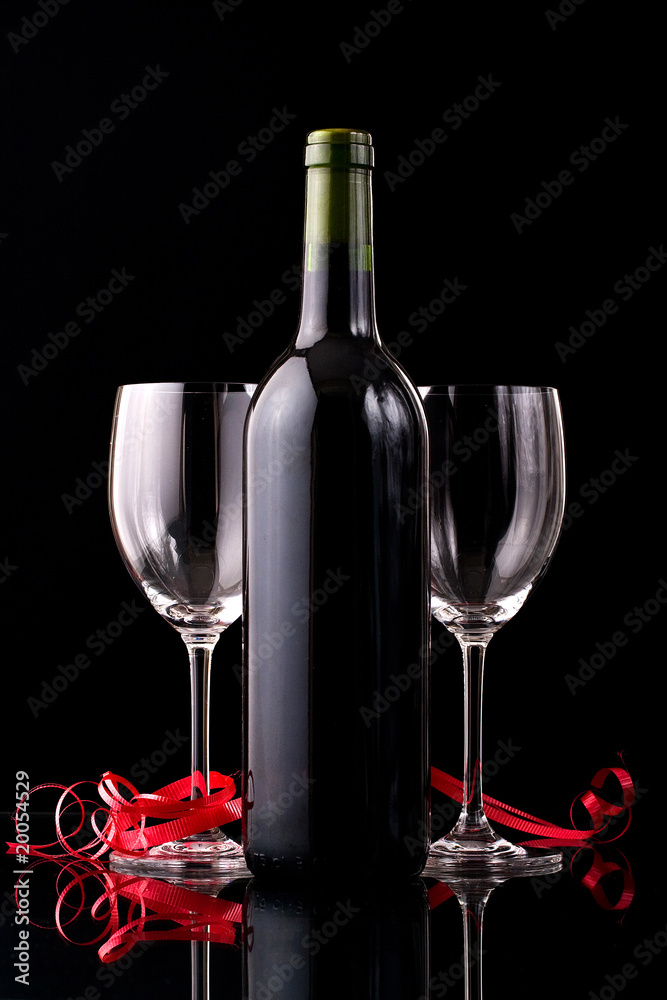 two glass and a bottle of red wine Valentines setup