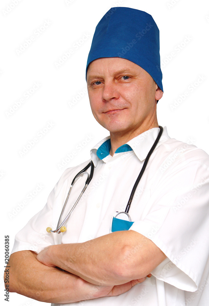 Caring doctor smiles confidently. Isolated on white. Caring doctor smiles confidently. Isolated on white.