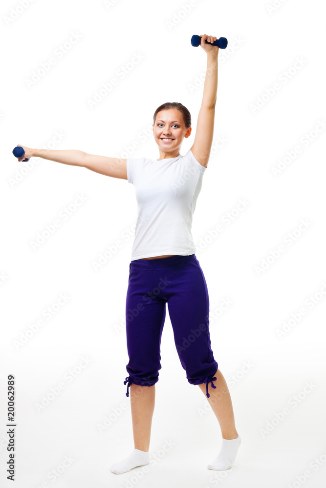 Happy young woman exercise with dumbbells Happy young woman exercise with dumbbells