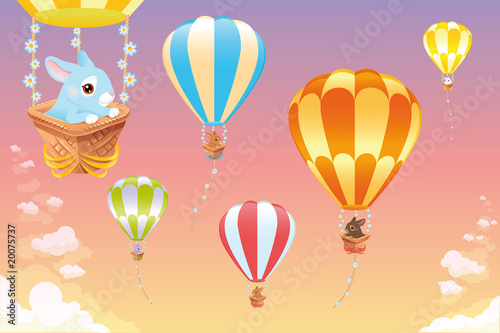 Hot air balloons in the sky with bunny. Cartoon and vector scene