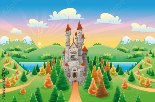 Panorama with medieval castle. Cartoon and vector illustration