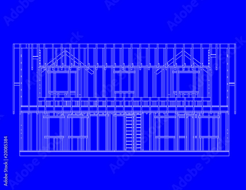 blue print style illustration of house frame rear view