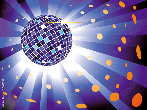 Sparkling disco ball on blue light burst background