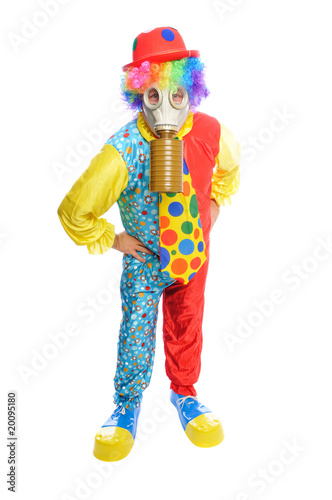Some clownwearing a gas mask