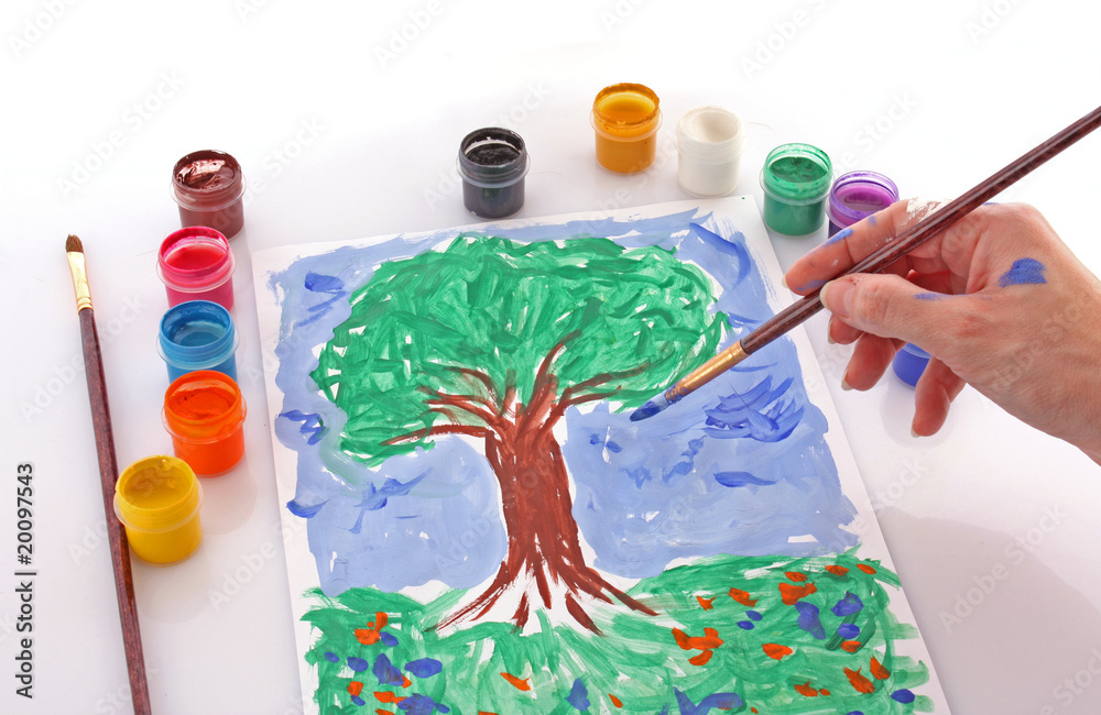 Fototapeta premium Opened paint buckets colors and drawing tree